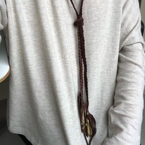 Brown leather braided necklace with charms